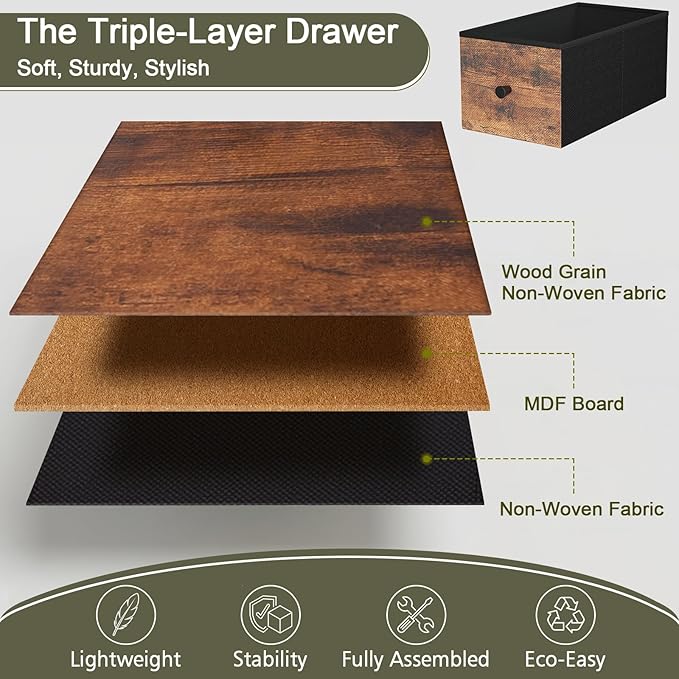 Narrow Nightstand with Charging Station, End Tables Living Room Set of 2, Skinny Side Table with Fabric Drawers, Small Sofa Table with LED Light for Bedroom, Brown, HETNDP02LBR