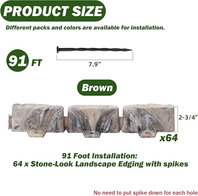 Landscape Edging Garden Edging Border Faux Stone Edging,91FT x 2.75 in Tall Decorative Stone-Look Garden Border for Flower Bed Edging,Yard Edging,Lawn Trees and Gardens,with Anchoring Spikes,Brown
