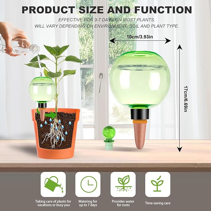 6 Pack Self Watering Globes 17oz Large Plant Watering Globes Top Fill, Self Water Planter Insert Indoor/Outdoor Plastic Water Bulbs Slow Release Terracotta for Plants, Green