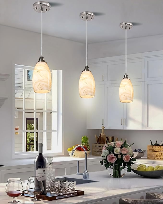 Mini Pendant Lights Kitchen Island Beige Marble Glass Lamp Shade Hand Blown Glass Pendant Light with Brush Nickel Finish Adjustable Cord for Kitchen Over Sink Hallway,Dining Room