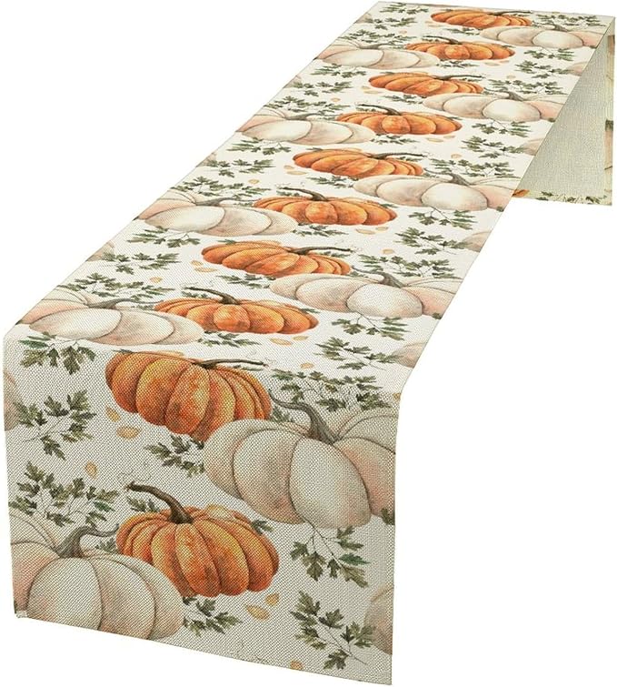 Fall Pumpkin Table Runner White Orange Vegetables Seeds Parsley Watercolor Hand-Painted Illustration Home Decor for Farmhouse Indoor Outdoor Party Holiday Dining Kitchen Restaurant Cafe W13xL120in