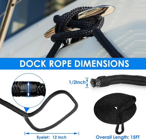 Amarine Made Dock Lines - 1/2” X 15’ Nylon Boat Ropes | 4pcs with 12” Eyelet & 968lbs Working Load - Black