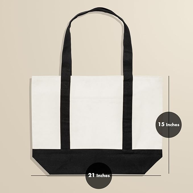 Carrywell (Not Made In China) Canvas Tote Bags with Zipper 6-Pack, 15" x 21", Heavy Duty Organic Cotton With Handles and Front Pocket, Reusable Shopping Totes