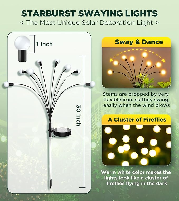 Vibrant Solar Garden Lights, Ultra Bright Solar Powered Firefly Lights Outdoor Waterproof, High Flexibility Starburst Swaying Light, 8 LED Landscape Lighting Decorative for Pathway Patio Yard
