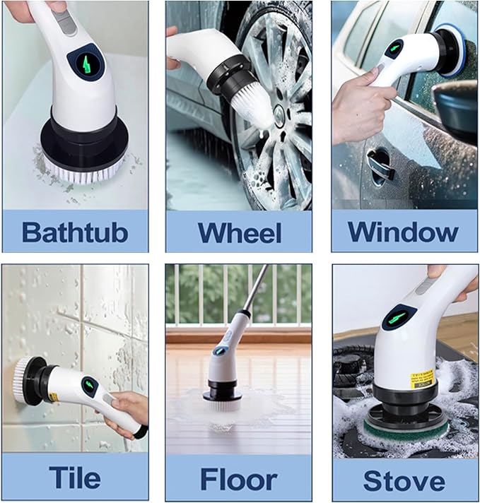 Electric Spin Scrubber for Cleaning, Adjustable Shower Brush with 7 Replaceable Heads & Power LED Display, 2 Speed Waterproof Cordless Shower Scrubber for Bathtub, Kitchen, Car, White