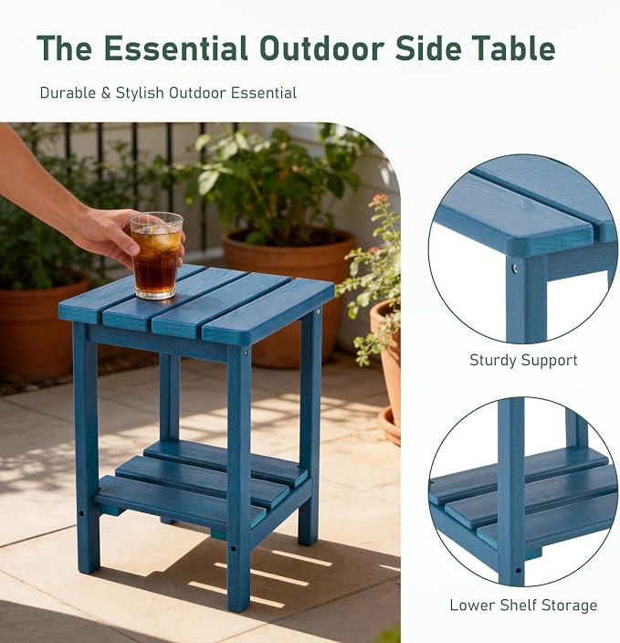Furnimart Adirondack 2-Layer Square Outdoor Side Table, Extra-Thick HDPE Weather-Resistant Small Patio Table, Blue Outdoor End Table for Garden Balcony Yard Deck Poolside(Blue)