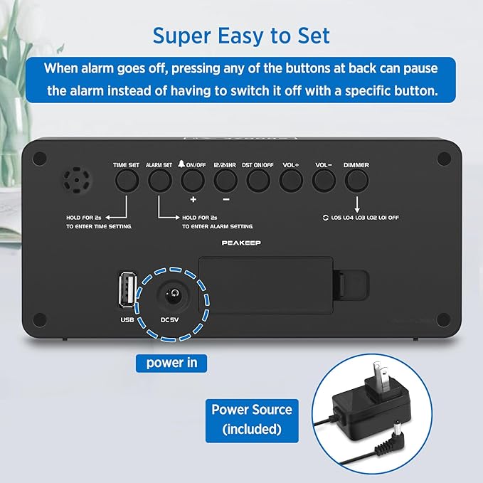 Peakeep Digital Alarm Clock for Bedroom Bedside, Loud Alarm Clock for Heavy