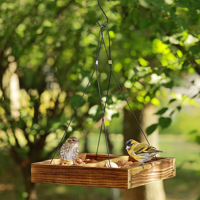MIXXIDEA Bird Feeder Hanging Tray, Wooden Platform Hummingbird Feeder Mesh Seed Platform for Garden Yard Outside Decoration Attracting Wild Birds (Brown)