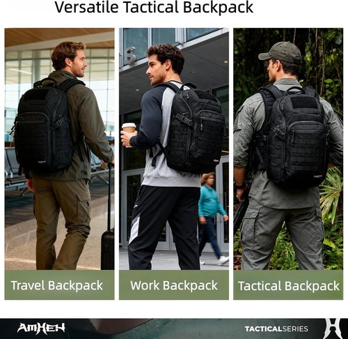 AMHEH 32L Tactical Backpack - MOLLE Design with Suspended 17" Laptop Compartment | Ideal for Work, Travel & Emergencies (Black)