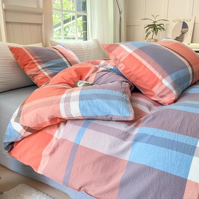 FACE TWO FACE Bedding Duvet Cover Set100% Washed Cotton Duvet Cover Linen Like Textured Breathable Durable Soft Comfy (California King, Time Blue)