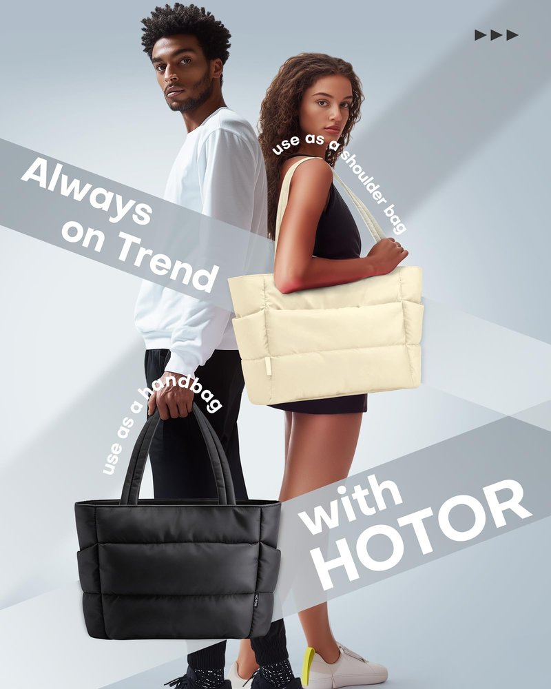 HOTOR Puffer Tote Bag for Women, Nurses - Multi-Pocket Lightweight Bag for Work - Quilted Handbag for Travel and Gym, Beige, 20.1" x 6.7" x 13.4"