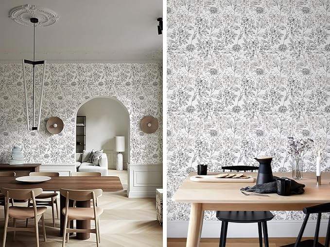 JiffDiff Floral Wallpaper Black & White Peel and Stick Vintage Peony Wall Paper