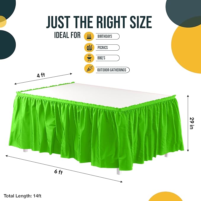 Exquisite Ruffle Table Skirt Lime Green 12 Pack 14 Ft Long Table Skirts for Rectangle Tables 6ft Plus or Round Tables Skirts with Adhesive Strip for Gender Reveal Decor & Happy Birthday Parties