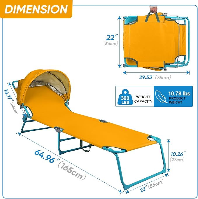 Northroad 2 Pack Beach Lounge Chair with Canopy Shade, Adjustable 4 Position Foldable Tanning Chair, Outdoor Heavy Duty Chaise Lounge Chair, for Poolside Patio Sunbathing Lawn, UPF 50+, Yellow