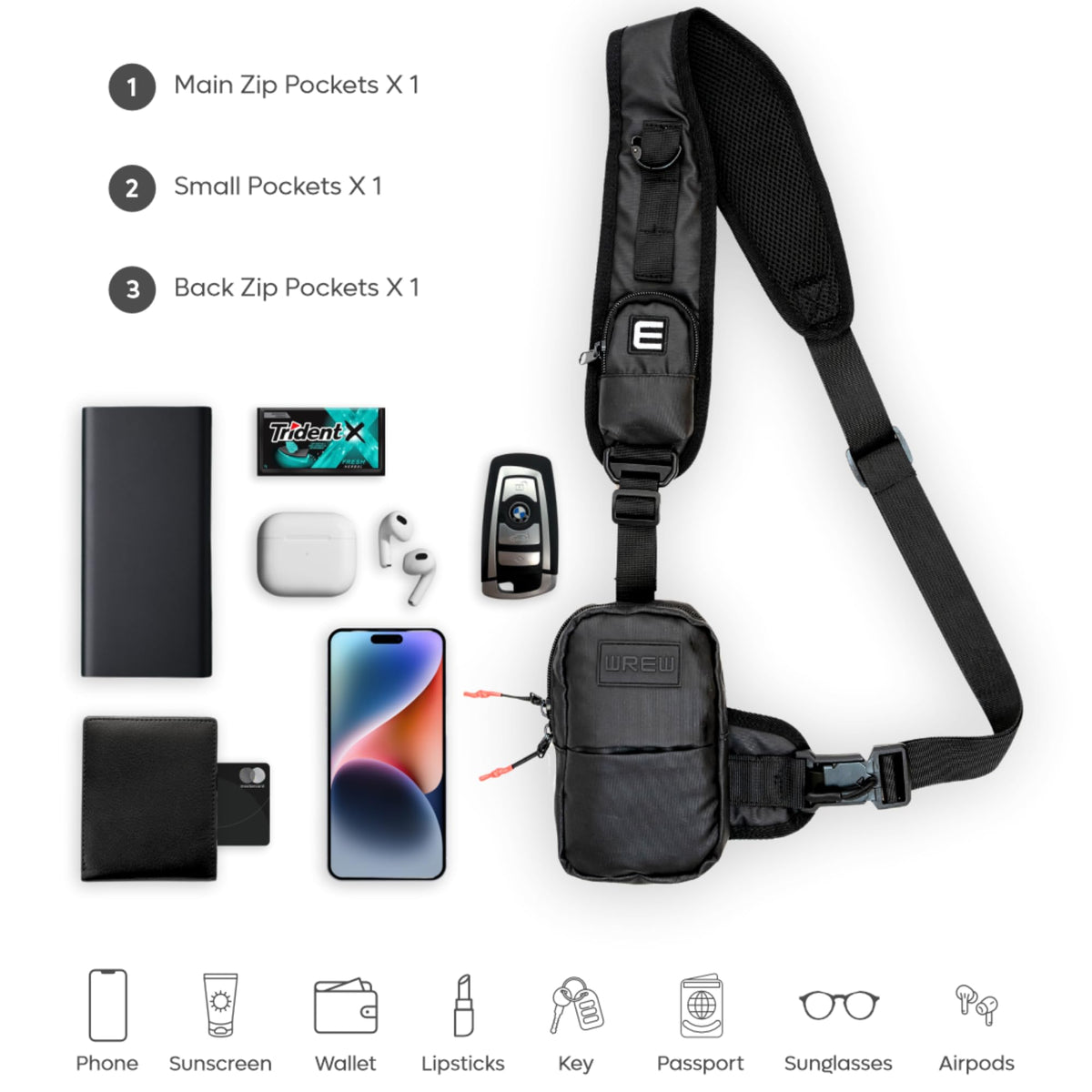 WREW Small Sling Bag for Men-Cross body bag with Shoulder Straps,Mini Sling Crossbody bag for Women-Travel Backpack for Hiking,Daypack Multipurpose Over the Shoulder Chest Bags with Keyholder(Black)