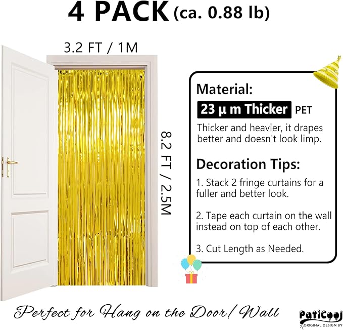 Christmas Decorations Thicken Gold Streamers, 4 Pack 3.2 x 8.2 FT Golden Tinsel Backdrop Curtains, Foil Fringe Photo Backdrop for Birthday, Prom, Hollywood, Anniversary Party Decorations