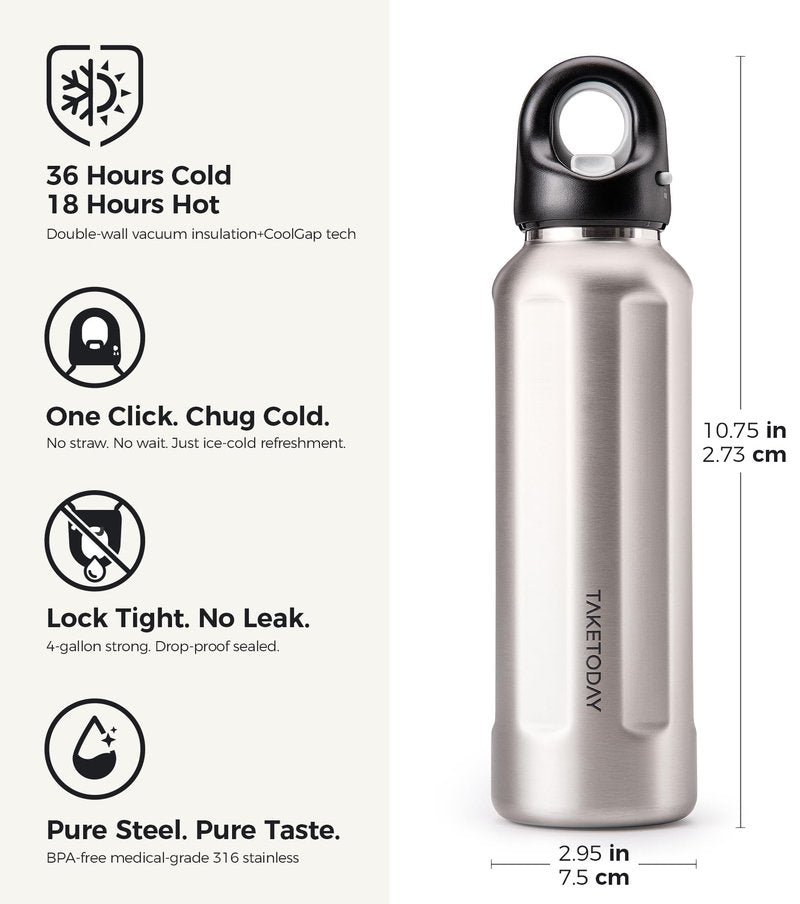TakeToday 20oz Insulated Water Bottle with One-Touch Chug Lid, Leakproof, Keeps Cold 36H, Stainless Steel Double-Wall Vacuum Thermos for Gym, Hiking & Outdoor, Silver