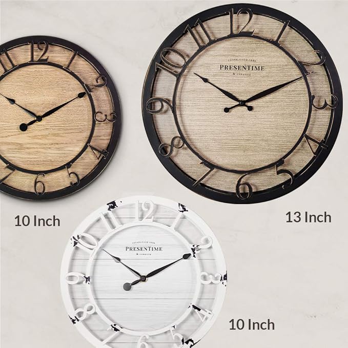 Presentime & Co 13" Farmhouse Series Wall Clock, Quartz Movement, Shiplap Style