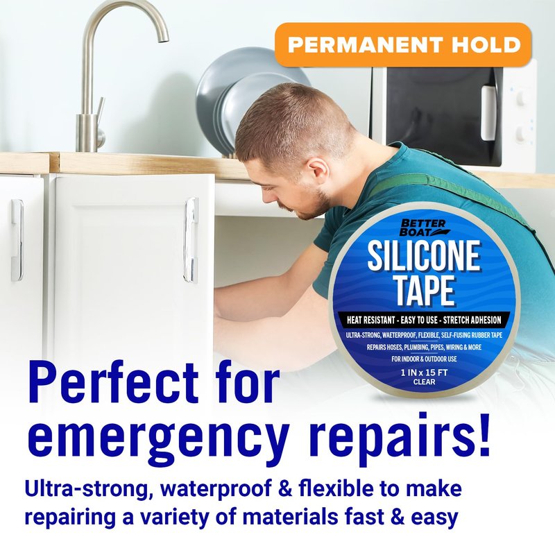 Better Boat Self Fusing Silicone Tape Waterproof Clear, Plumbing Tape for Leaks, Hose and Pipe Repair Tape, 1 in x 15 ft