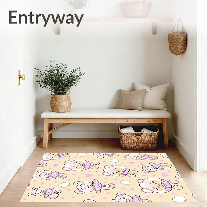 Flatwoven High Traffic Area Rug 3x5, Sweet Bear Balloon Interlocking Dot and Cloud Motif, Non Slip, Stain Resistant, Washable Area Rugs for Living Room, Bedroom (Beige, 3x5)