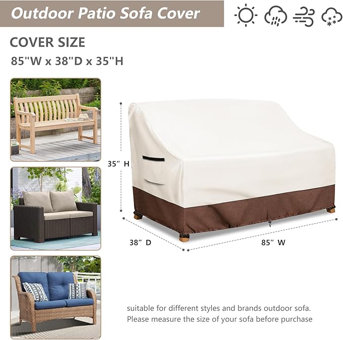 Waterproof Patio Sofa Cover, Heavy Duty 3-Seater Outdoor Couch Cover Size Up to 85W x 38D x 35H Inches, Lawn Patio Furniture Covers with Air Vent (Beige)