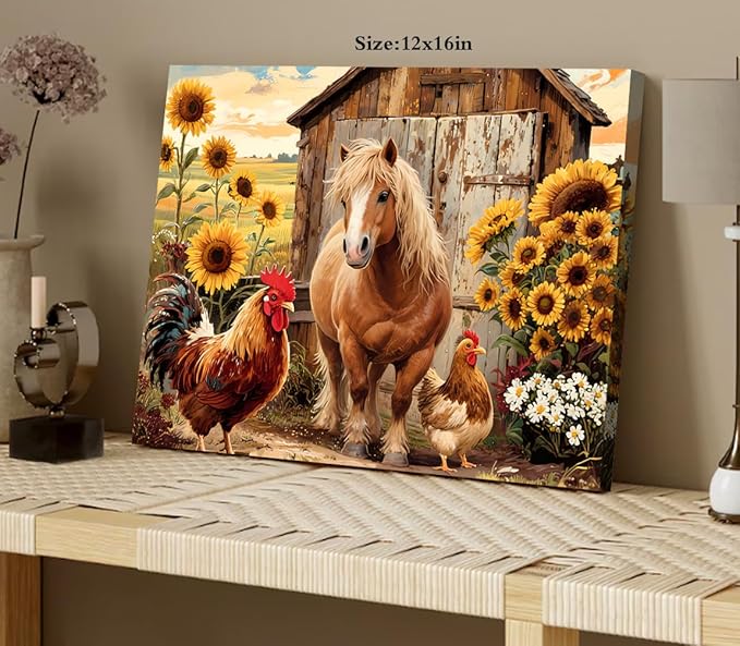 Rustic Farmhouse Horse Wall Art,Vintage Horse Sunflower Canvas Wall Art,Brown Rooster Animals Pictures Wall Decor Framed Artwork for Bedroom Living Room Kitchen Bathroom 12"x16"
