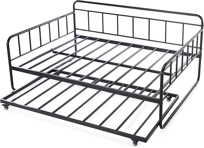 Amazon Basics Full Size Daybed and Twin Size Trundle Bed Frame Set, Space Saving Steel Slat Support, Sturdy Metal Design, Easy Assembly, Black