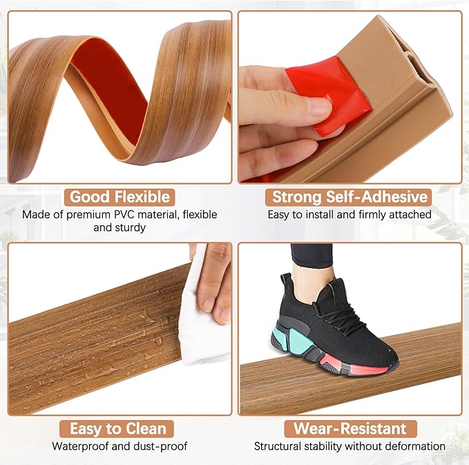 Vinyl Door Threshold Flooring Transition Strip Self Adhesive Carpet Edging Strip for Laminate Doorway Edge Threshold from 3/5" to 4/5" (Light Brown Wood Grain, 3.3 Ft)