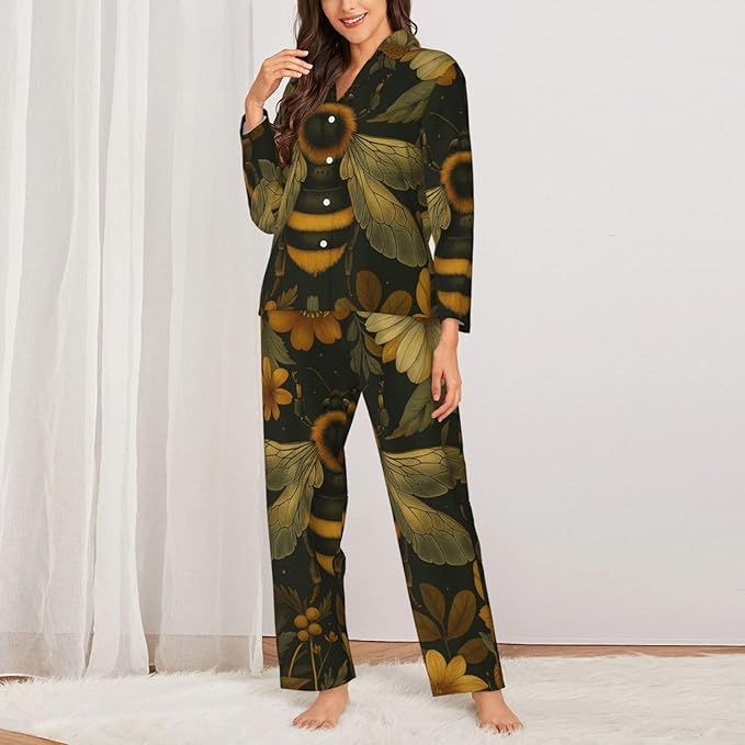 Retro Bee And Floral Women'S Pajama Sets Ultra-Soft Printed Sleepwear