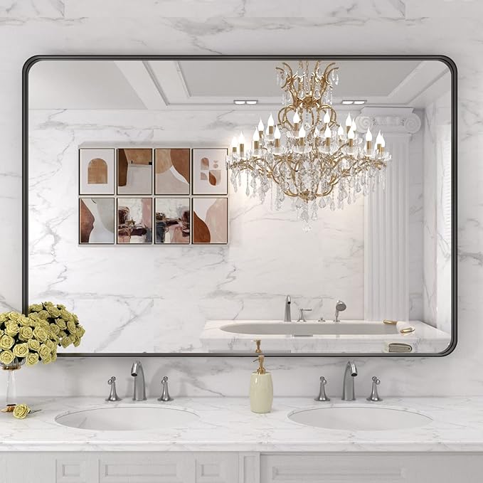 LOAAO 48X30 Inch Black Metal Framed Bathroom Mirror
