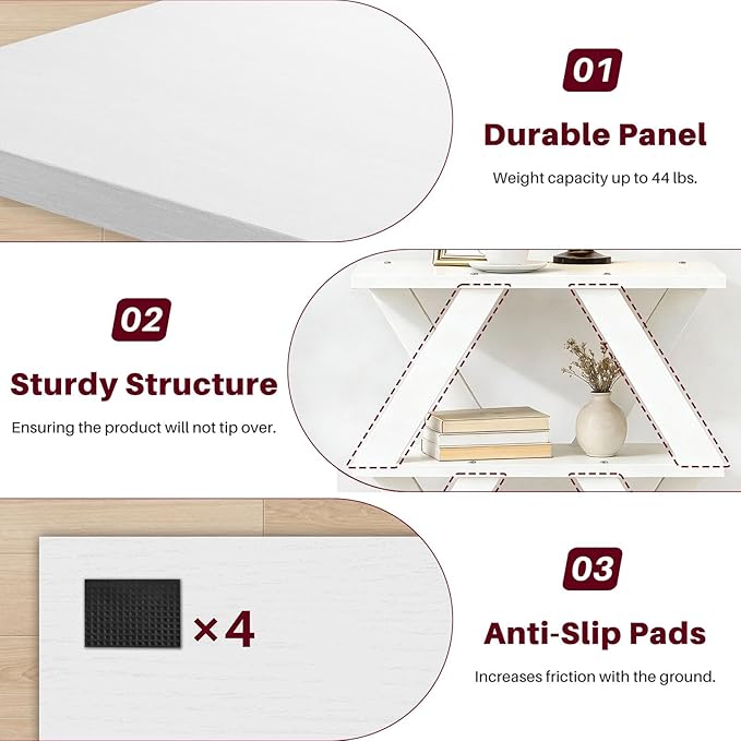 3 Tier Side Table with Side Guard Rails & Anti-Slip Pads, Narrow End Table for Small Spaces, Slim Nightstand with Storage Shelves for Bedroom, Living Room, White