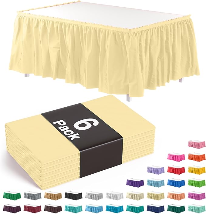 Exquisite Ruffle Table Skirt Light Yellow 6 Pack 14 Ft Long Table Skirts for Rectangle Tables 6ft Plus or Round Tables Skirts with Adhesive Strip for Gender Reveal Decor & Happy Birthday Parties