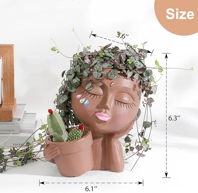 vomiceak Face Planter Pots Head Planters for Indoor Outdoor Plants - Double Plant Pots for Flower Succulent with Drainage Holes - Gift Ideas for Mother (Black Lady)