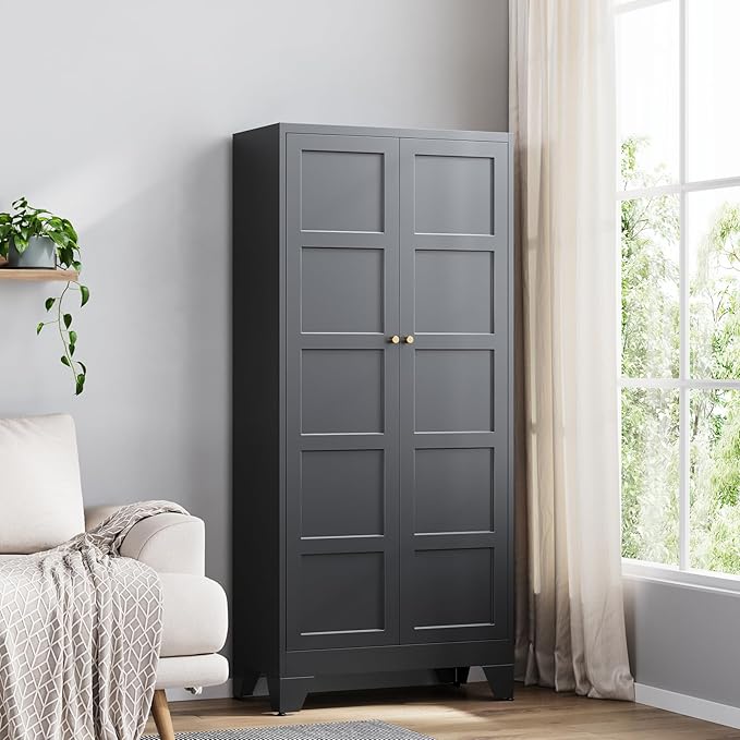 Yizosh Metal Pantry Cabinet,- 72" Black Kitchen Pantry Storage Cabinet with Doos and Adjustable Shelves for Kitchen, Living Room,Dining Room,Home