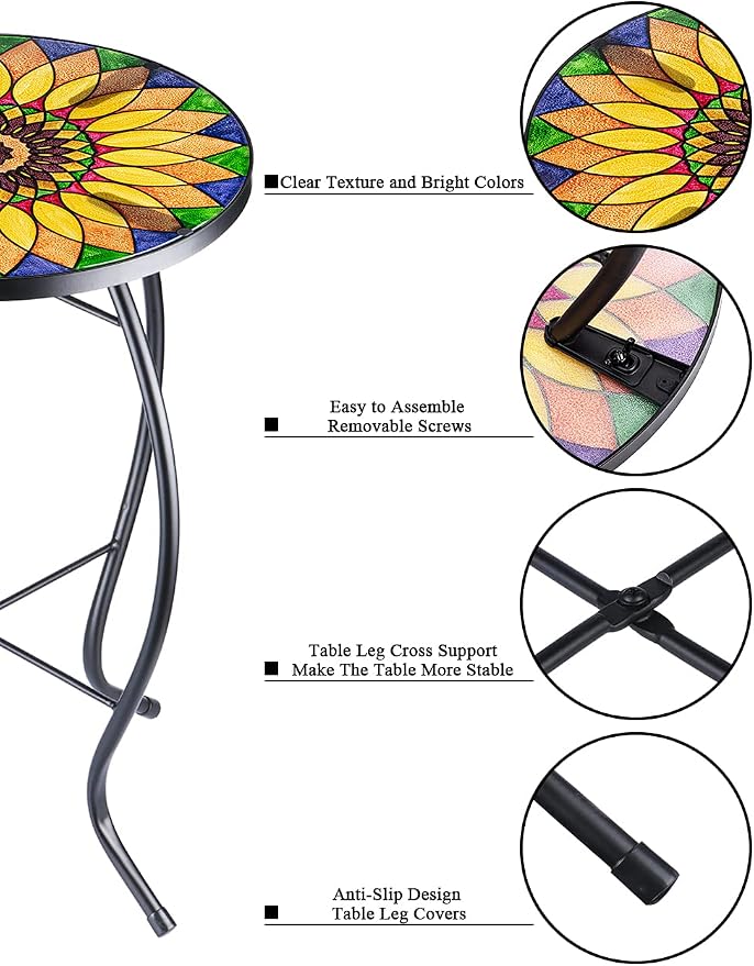 VCUTEKA Sunflower Outdoor Side Table, Mosaic Design, Small Glass Top, Round, Patio Side Table, Balcony Coffee Table, Indoor, 14 inches, Yellow