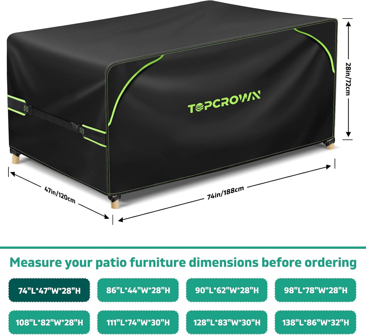 Topcrown Patio Furniture Covers - Waterproof Anti-UV Oxford Fabric with Double Airflow Vents | 74"L x 47"W x 28"H, Black & Green