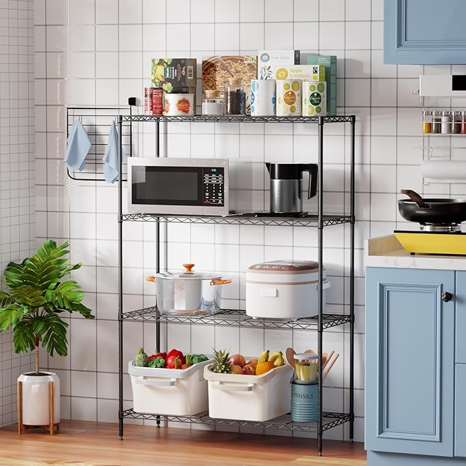 PayLessHere 4 Tier Shelving Unit 13.4" D×53.7" W×35" H Metal Shelving Standing Storage Shelf with 4 Steel Frame Adjustable Layer Racks Metal Commercial Shelf for Kitchen, Garage (Black)