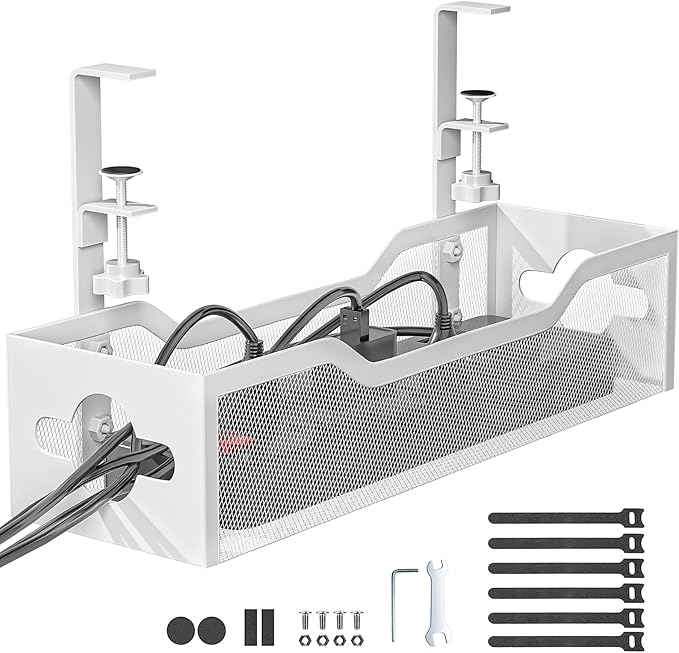 Under Desk Cable Management Tray White, Litwaro Cable Management Under Desk No Drill, Cable Organizer with Clamp for Wire Management, Cord Organizer for Office, Home No Damage to Desk