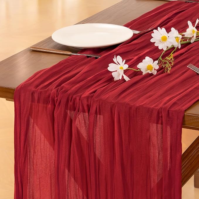Socomi 3pcs Red Fall Thanksgiving Cheesecloth Table Runner Boho Rustic Gauze 120 inch 10FT Cheese Cloth Runner for Wedding Party Baby Shower Birthday Home Decor Holiday Decorations