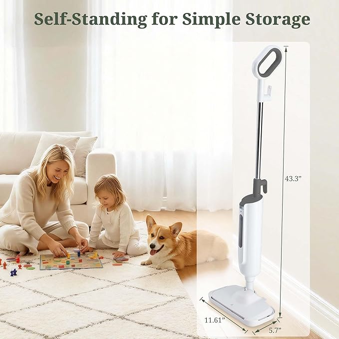 Steam Mop for Floor Cleaning, Lightweight Floor Steamer for Hardwood, Tile, Laminate & Carpet, Quick-Heat Steam Cleaner with Visible Water Tank and 2 Washable Pads, White and Grey