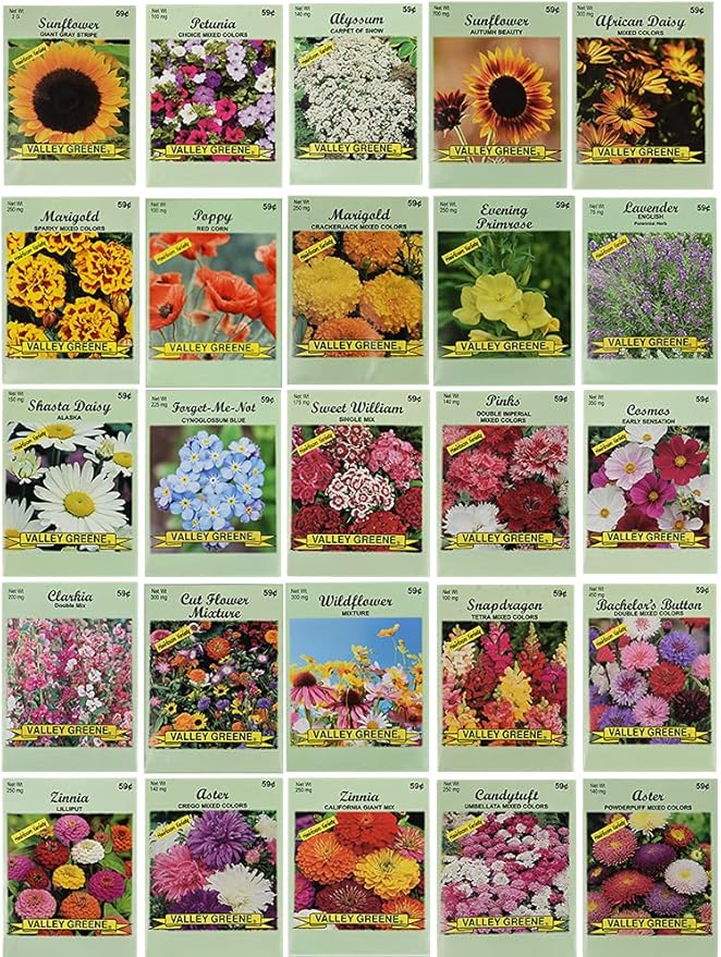 Flower Seed Set - Flower Varieties of Non-GMO & Heirloom Premium Seeds for Planting - Sunflower, Marigold, Lavender, and More! (25, Set 1)