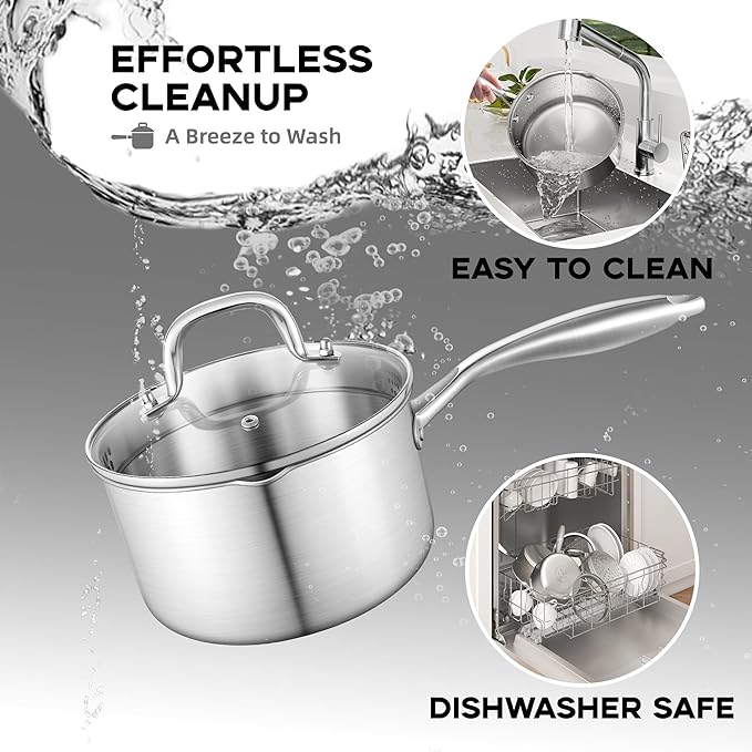 Leetaltree 2.5 Quart Stainless Steel Saucepan with Glass Strainer Lid, Thicken Tri-ply Ful Body, Multipurpose Sauce Pot with Two-Size Drainage Holes Lid, Perfect For Boiling Gravies, Pasta, Noodles