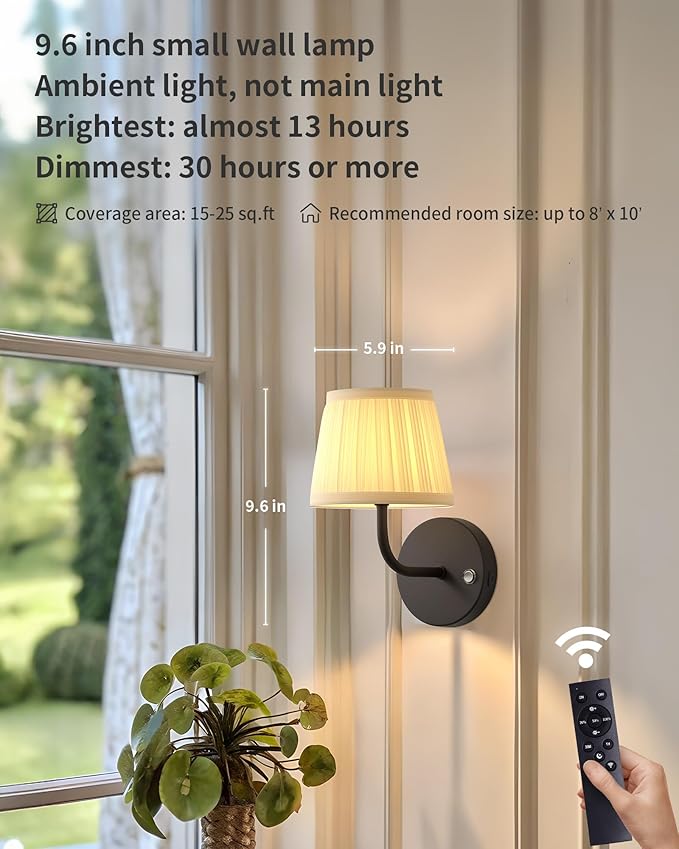 PUSU LED Cordless Black H9.6 inch Small Wall Sconces Set of 2, Rechargeable