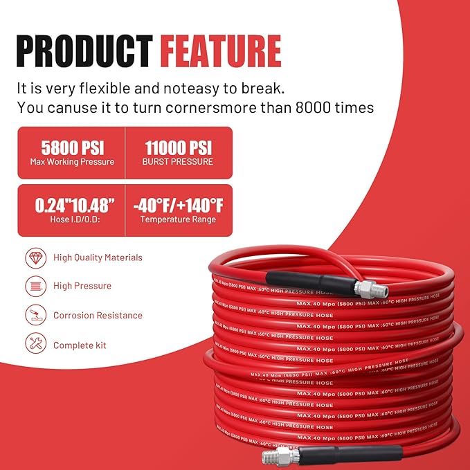 50 FT Sewer Jetter Kit for Pressure Washer,Water Jet Drain Cleaning Hose with Corner Rotating Button Spring Nose 1/4" NPT Sewer Cleaning Tool High-Pressure Nozzles,5800 PSI