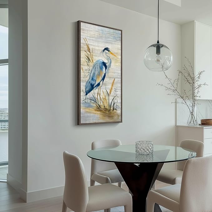 Framed Vertical Blue Heron Living Room Wall Art, Large Vintage Bird Picture Artwork for Walls, Coastal Heron Farmhouse Vertical Canvas Print for Office Kitchen Foyer Stair Hallway Wall Decor, 20x40 In