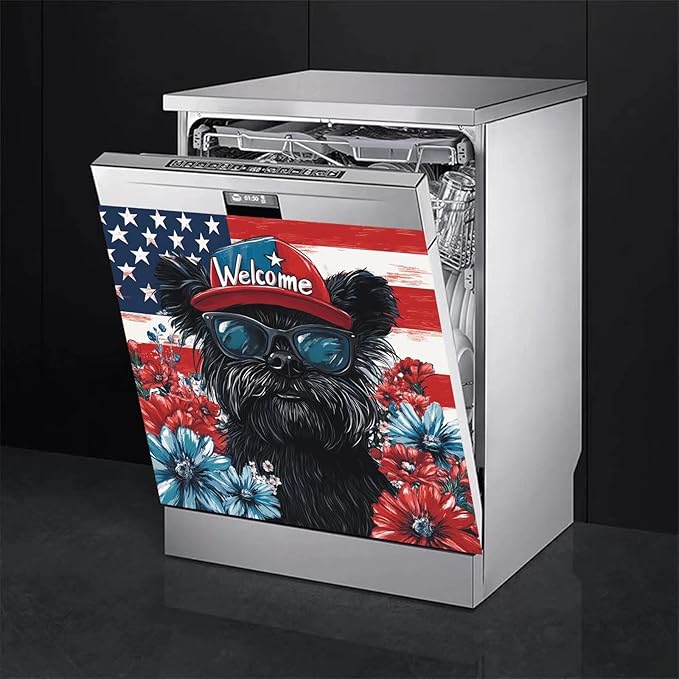 Black Patriotic Puppy Dishwasher Magnet Cover American Flag and Flowers Magnetic Dishwasher Cover Magnets Decorative Cover Refrigerator Appliances Panel Sheets 23" x 26" Magnetic