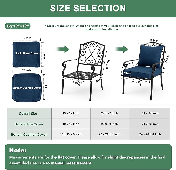 Summsun Outdoor Chair Cushions, Faux Linen Backrest and Seat Cushion Set for Patio Furniture with Weather Resistant Removable Cover, Straps, Non-Slip Bottom, 19 x 19 Inch, Navy, Set of 4