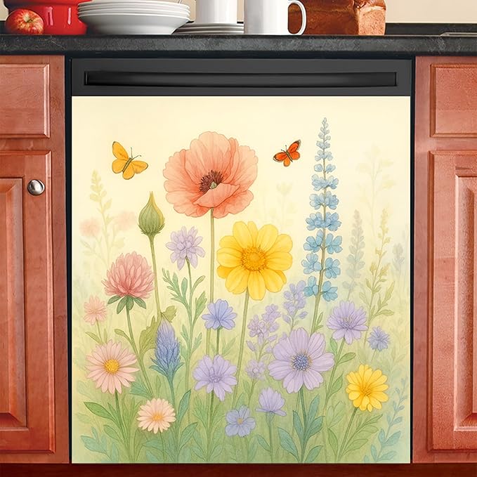 Dishwasher Magnet Cover 23x26 in Colorful Floral Magnetic Dishwasher Cover for Kitchen Appliance Decoration Front Panel Sticker Rustic Art Skin Panel Home Decor Decal