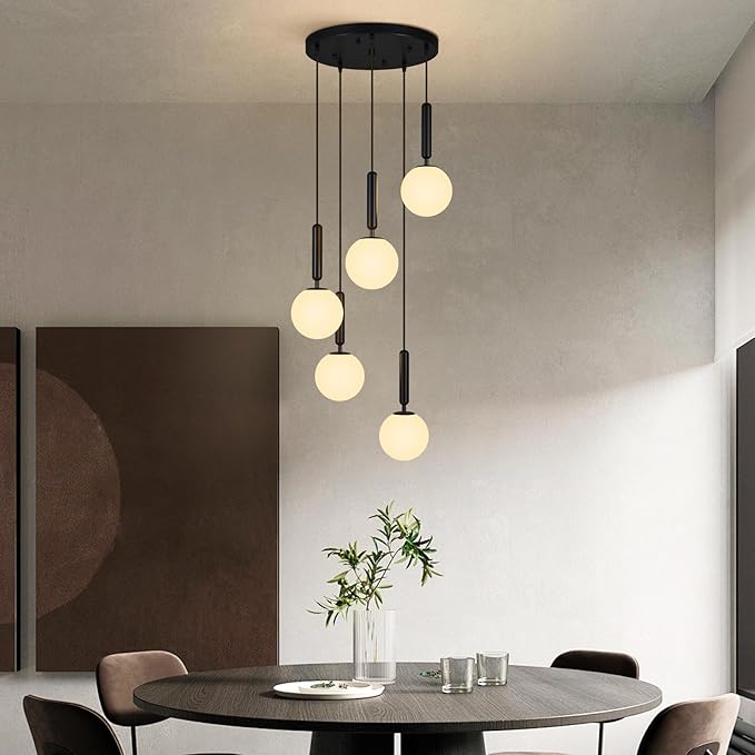 Modern Black Pendant Light Hanging Fixture Light for Kitchen Island Mid Century with Globe Pendant Light Milk White Glass Pendant Lighting for Living Room Bedroom Entryway (5 Lights)