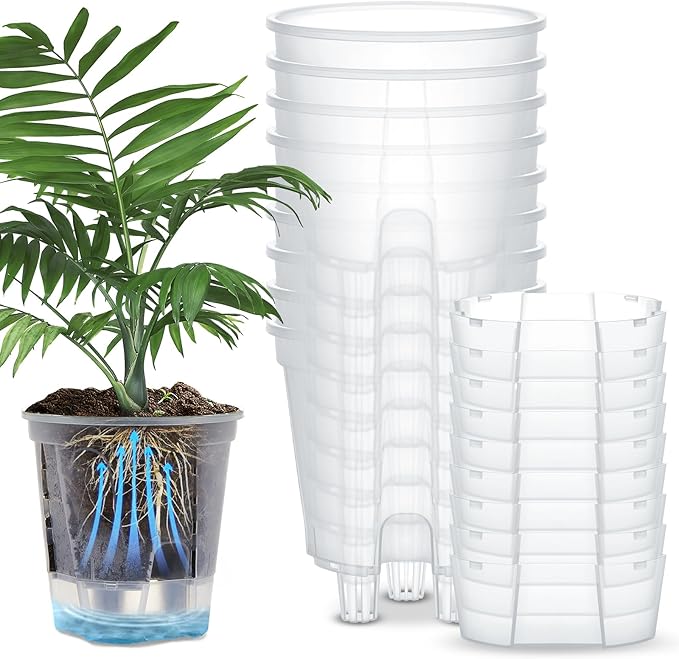 Wonderjune Self Watering Pots for Indoor Plants with Deep Reservoir and High Drainage Holes for Outdoor Plants and Flowers, Bare Root Planter(7.09'',Clear,9 Pcs)